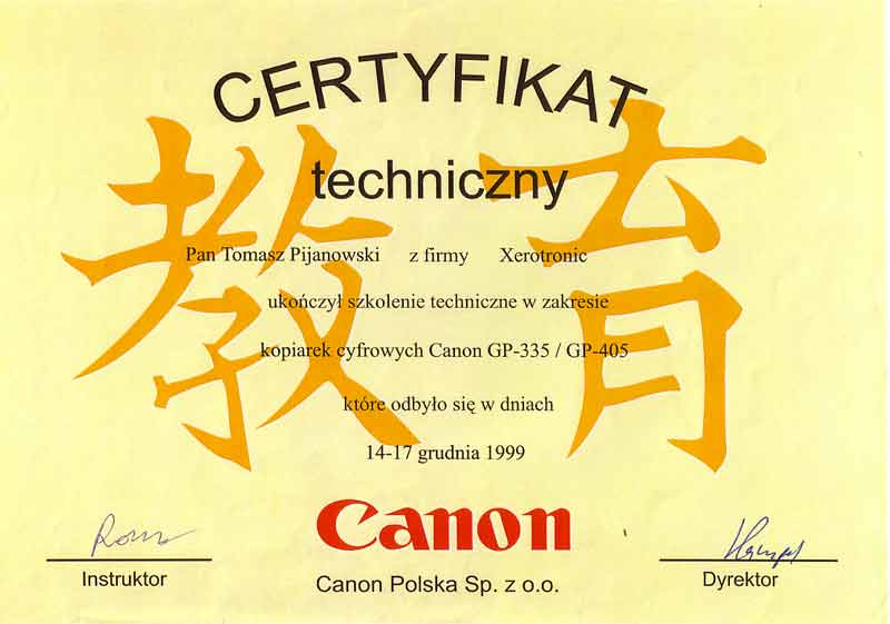 certyfikat canon